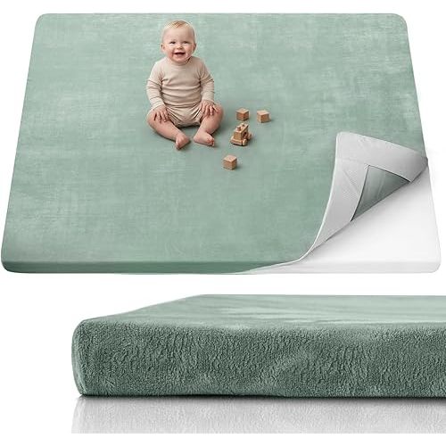 Blissful Diary 1.3" Thick Baby Play Mat, 71x59 Playpen Mat with Removable & Washable Cover, Ultra Soft Crawling Rug for Floor, Foam Cushion & Non-Slip Backing for Kid, Toddler and Infant, Sage Green
