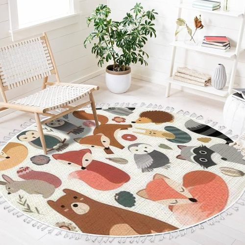 DNEWYNPABV Round Rugs Woodland Animals Cute Forest Design Elements Boho Area Rug Linen and Cotton Carpet Meditation Rug Washable Hallway Runner Mat Accent Rug for Bedroom Bathroom 4ft, Multi1