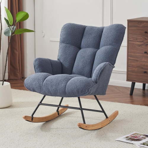 Nursery Rocking Chair Teddy, Upholstered Glider Rocker with High Backrest, Comfortable Stylish Accent Armchair with Padded Seat for Living Rooms, Bedrooms, SteelBlue