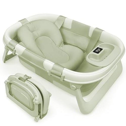 Jool Baby Fold ‘n Store Baby Bathtub – 3 Stage Collapsible Bather for Easy Storage, Portable for Travel – Built-in Thermometer (Sage)