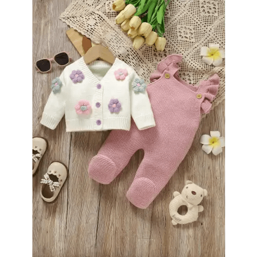 SHEIN Vintaside Kids Exquisite Infant Knitted Sweater Set, Hand-Crocheted 3D Floral Jacket, Paired With Ruffled Delicate Suspender Romper, Complemented By A Sweet Headband, Warmly Caring For Baby's Every Growth Step, Showcasing Cozy Childlike Charm And Fa