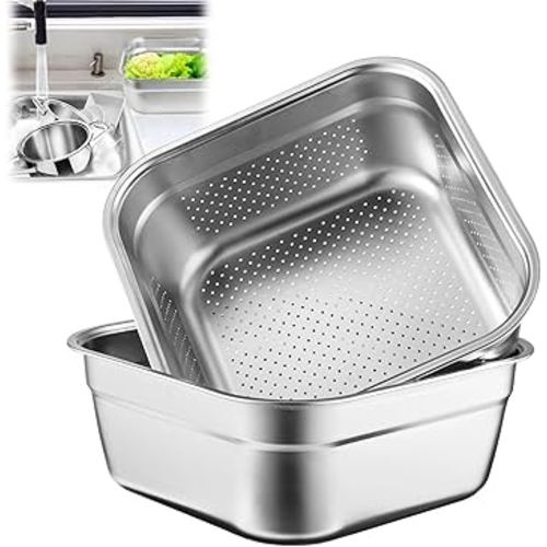 yeesport 2-in-1 Washing Up Bowl Set, Stainless Steel Dish Tub with Colander, Fruit Vegetable Washing Basin, Multi-purpose Bowl Kit for Washing and Draining Rice, Pasta, Food Strainer Mixing Bowl