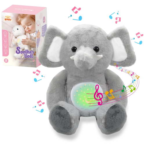 Caunedy Musical Plush Toy with Soothing Light & Sound, Soft Stuffed Animal for Newborn to Toddler 0-36 Months, Perfect Christmas & Birthday Gift for Boy Girl