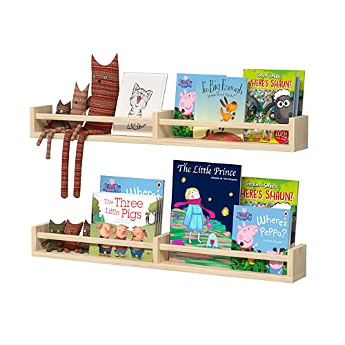 32 Inch Classic Nursery Shelves, Set of 2 Natural Wood Floating Book Shelves for Kids Room, Wall Shelves for Bathroom Decor, Kitchen Spice Rack, Book Shelf Organizer for Baby Nursery Décor (32Lx4W)