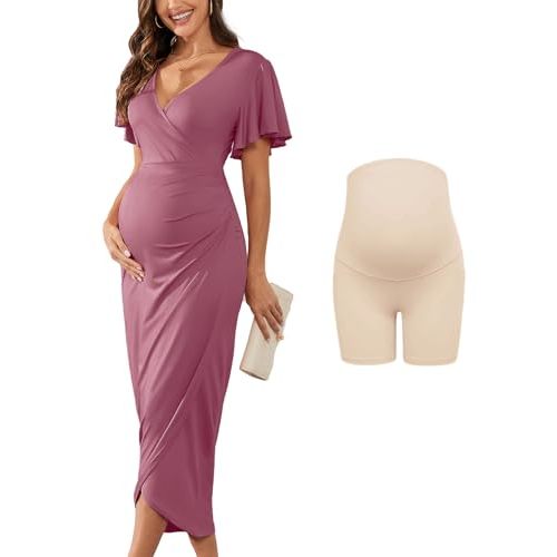 AISWI 2025 Womens Maternity Wrap Dress V Neck Ruffle Sleeves Semi Formal Baby Shower Photoshoot Party Cocktail Pregnancy