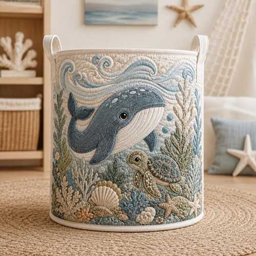 Ocean Whale Storage Basket, Coastal Nursery Laundry Hamper, Sea Life Toy Organizer, Beach House Decor, Baby Shower Gift