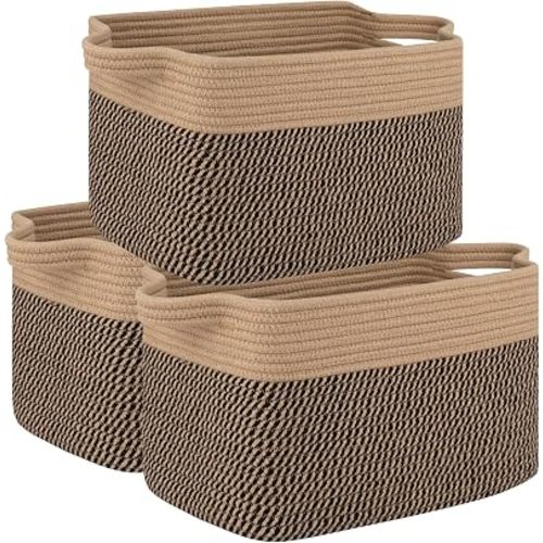 OIAHOMY 3 Pack Storage Basket for Organizing, 13''X9.85''X8.7'' Storage Bins,Woven Basket Basket with Handles, Toy Storage Basket Bin,Stylish Room Decor Basket, Brown & Black
