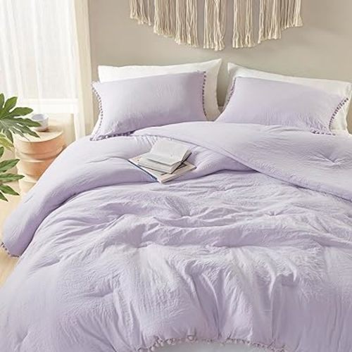 Codi Mirabelle Lilac Comforter Twin Set for Teens and Adults, Aesthetic Boho Pom Pom Fringe Bedding, Soft Washed Microfiber, Lightweight, Dorm & Bedroom Ready, 1 Comforter + 1 Pillowcase, 68"x90"