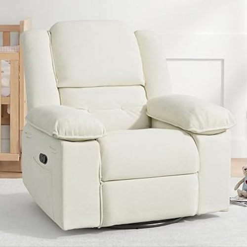 Softa Swivel Rocker Recliner for Adults, Manual Reclining Chair with Massage & Heat, Side Pocket, Compact Nursery Glider Recliner for Living Room, Bedroom or Apartment, Beige