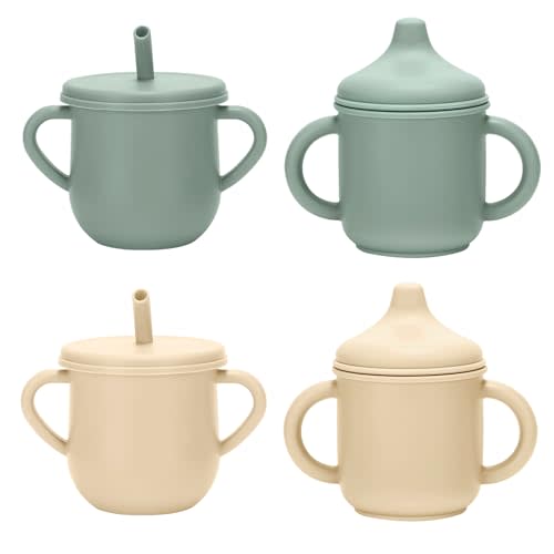 Silicone Toddler Cups Set, 2 Straw Cups and 2 Sippy Cups for 6+ Months Baby, Leakproof Spillproof Training Cups with Handles, Easy Clean (Green+Beige)