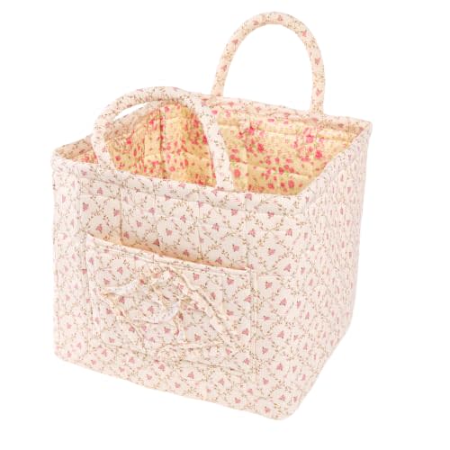 Quilted Fabric Car Storage Basket with Handles & Pocket, Foldable Laundry Hamper Boho Floral Print Organizer Bin for Home, Picnic, Office Nursery Cloth Toy 12"x10"x10" (Style B)