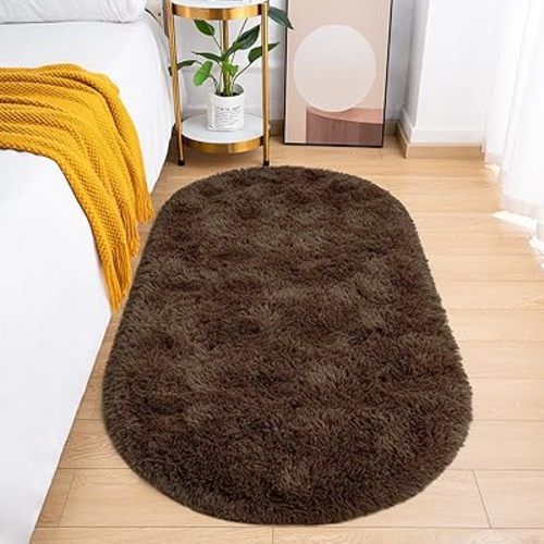 Fluffy Bedroom Rug, Small Oval Area Rugs, Brown Shag Bedside Carpet for Kids Room Nursery Dorm Cute Fuzzy Indoor Decor for Boy and Girl, 2.6 x 5.3 Feet