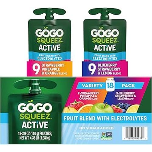 GoGo squeeZ Active Fruit Blend with Electrolytes | 18-Count Variety Pack | Blueberry Strawberry Lemon & Strawberry Pineapple Orange | Made with Real Fruit and Antioxidants Vitamin A, E, & C​