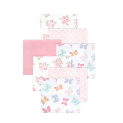 Little Treasure Hudson Baby Cotton Poly Flannel Receiving Blankets Multipack, Pink Pastel Butterfly, 30x30 inches