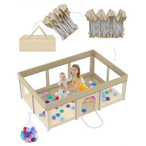 Foldable Large Baby Playpen 50"×71", Portable Playard for Babies & Toddlers, No Assembly, Safe Zipper Gate, Soft Mesh Sides, Ideal for Indoor & Outdoor Use, Includes 100 Ocean Balls, Beige