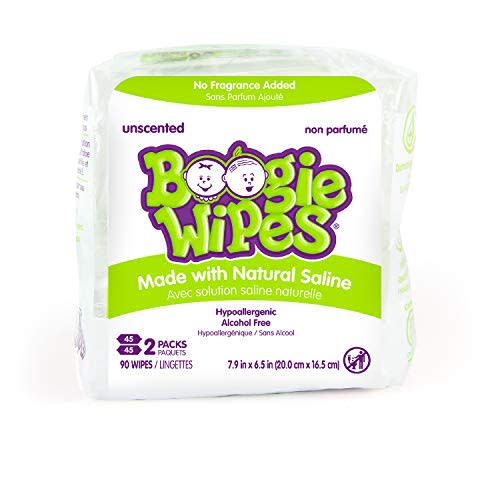 Baby Wipes Unscented by Boogie Wipes, Wet Wipes for Face, Hand, Body & Nose, Made with Vitamin E, Aloe, Chamomile and Natural Saline, 45 Count, Pack of 2