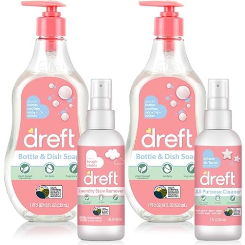 DREFT Bottle and Dish Soap Baby Gift Set - Bonus Travel Size Dreft All Purpose Cleaner & Stain Remover - Made to Clean Baby Essentials - Plant Based Ingredients, Fragrance Free Formula - 4 Piece Set