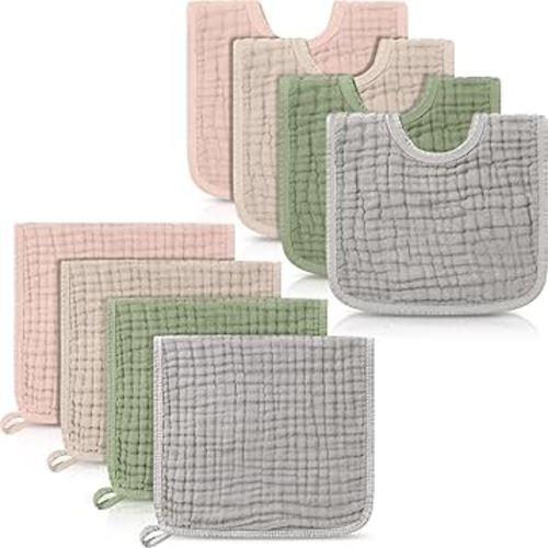 Tallew 8 Pack Muslin Burp Cloths and Baby Bibs for Boy Girl 20" x 10" Cotton Baby Bandana Drool Bibs Muslin Burp Cloths Absorbent Rag for Newborn Toddler Infant Gifts(Vivid Color)