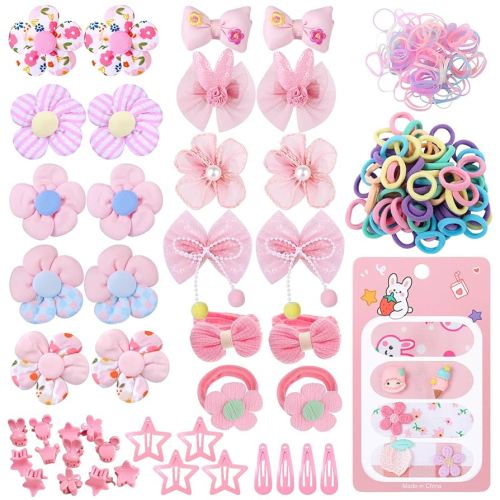 400 Pcs Baby Girls Hair Accessories Set,Baby Girls Hair Ties,Flower Bows Rubber Bands,Hair-friendly Hair Clip,Soft Elastic Hair Bands,Claw Clip(Pink)