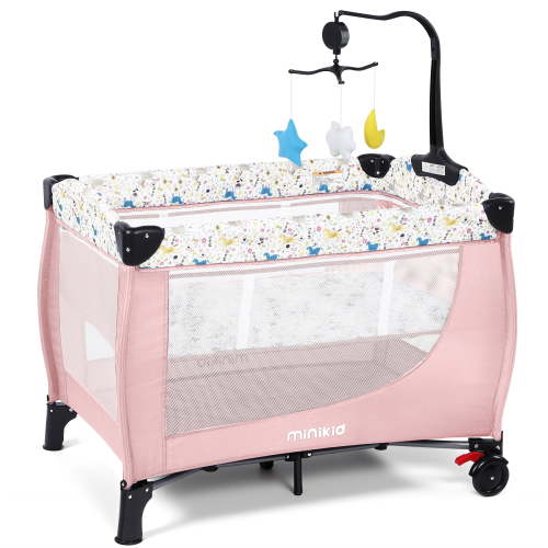 Minikid Baby Playard with Bassinet,Unisex Playpen Include Music Box and Hanging Toys,Portable Crib for Newborn to Toddlers,Pink