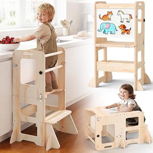 4-in-1 Toddler Kitchen Step Stool, Foldable Learning Standing Tower with Whiteboard, Wooden Kitchen Stool Helper for Kids, 1-3 Year Old Boy Girl Gifts