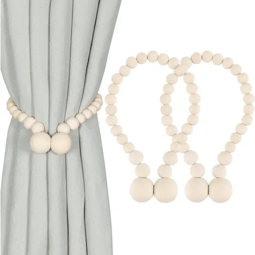 KLOGTSIND Magnetic Wood Bead Curtain Tiebacks, Curtain Holders for Boho Bedroom, Baby Nursery, Farmhouse Decor, Wood Color, 2 Packs