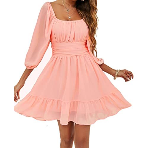 Flybony Women's Lantern Sleeve Tie Back Dresses Square Neck Dress Off Shoulder A-Line Summer Mini Dress