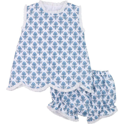 Blue Floral Scalloped Eyelet Diaper Set