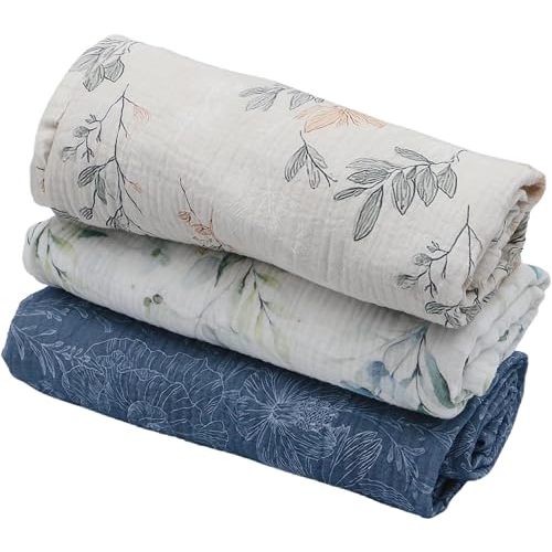 Muslin Swaddle Blanket for Newborn, 3 Pack, Soft Breathable Receiving Blanket, 38 x 40 Inches, Swaddle Wrap and Burping Cloth (Blue Leaves)