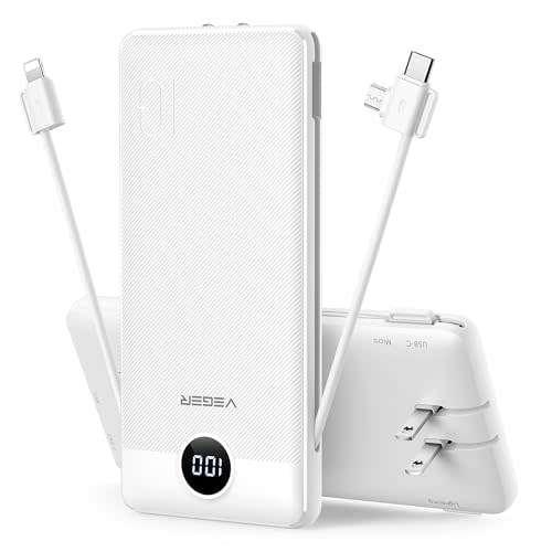 VEGER Portable Charger with Built-in AC Plug and Cables, All in One 10000mAh Ultra Slim Power Bank Travel Essentials, 15W Fast Charging Battery Pack Compatible with iPhone, Samsung, Android (White)