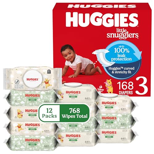 Huggies Little Snugglers Baby Diapers with Huggies Natural Care Sensitive Baby Wipes, Size 3 (16-28 lbs), 168 Diapers & 768 Wipes, Packaging May Vary