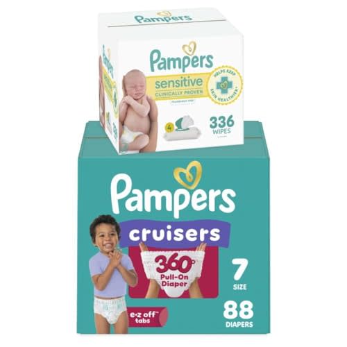 Diapers Size 7, 88 Count and Baby Wipes - Pampers Pull On Cruisers 360° Fit Baby Diapers with Stretchy Waistband, ONE MONTH SUPPLY with Sensitive Wipes, 6X Pop-Tops, 336 Count (Packaging May Vary)