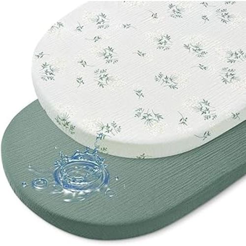 Baby Bassinet Sheets TPU Waterproof 2 Pack Soft Muslin Bedside Bassinet Mattress Sheets with Bottom Elastic Band for Baby Boy Girls Unisex Fit Hourglass Oval and Rectangle, Dark Green