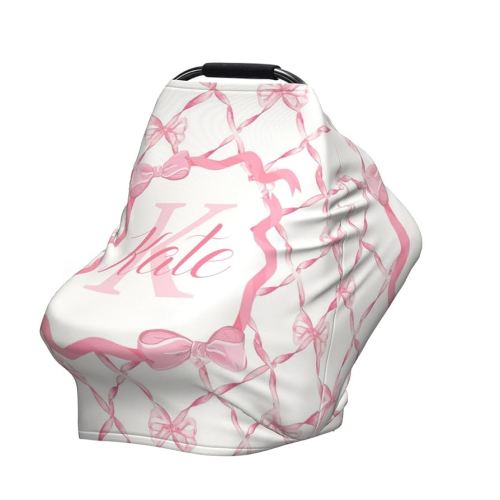 Personalized Baby Car Seat Cover for Girls, Custom Pink Bow Nursing Covers for Breastfeeding with Name, Infant Stroller Cover, Baby Carseat Canopy for Newborn, Multiuse Car Seat Canopies