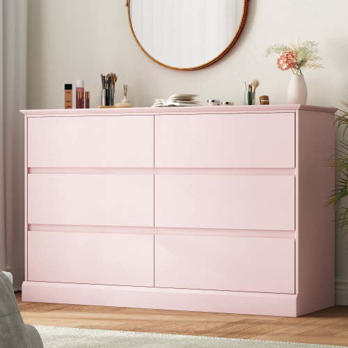 6 Drawer Dresser for Bedroom, White Dresser Double Chest of Drawers, Modern Wood Dressers with Deep Drawers for Living Room,Pink