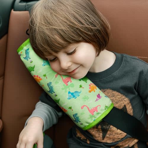 COOLBEBE Seat Belt Pillow for Kids, Green Dinosaurs | Extra Soft Toddler Travel Pillow for Car Seat, Universal Carseat Strap Cushion Pads for Childs Baby People Adults