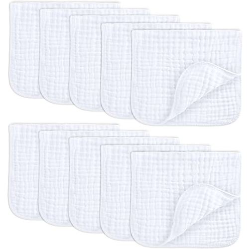 Comfy Cubs Muslin Burp Cloths 20" x 10", Pack of 10 - Large, 6-Layer, Ultra Absorbent 100% Cotton for Baby Drool and Messes - Soft, Safe & Gentle Baby Burp Cloths for Boys & Girls - White