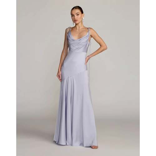 Purple Charmeuse Cowl Gown With Thin Bow Straps