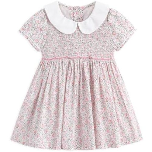 Simplee kids Baby Girl Smocked Dress Summer Casual Short Sleeve Dresses Floral Print Sundress Princess Dress for Toddlers