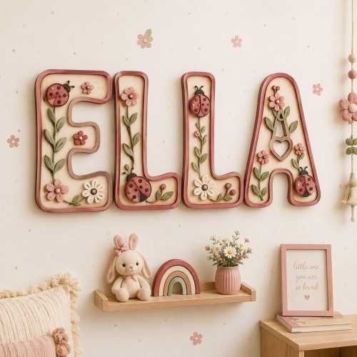 Ladybug Garden Nursery Decor, Floral Name Sign for Nursery, Wood Wall Letters, Custom Baby Girl Gift, Kids Room Wall Art, Baby Shower Gift