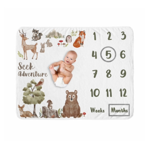 Watercolor Woodland Forest Animals Collection Monthly Milestone Baby Blanket