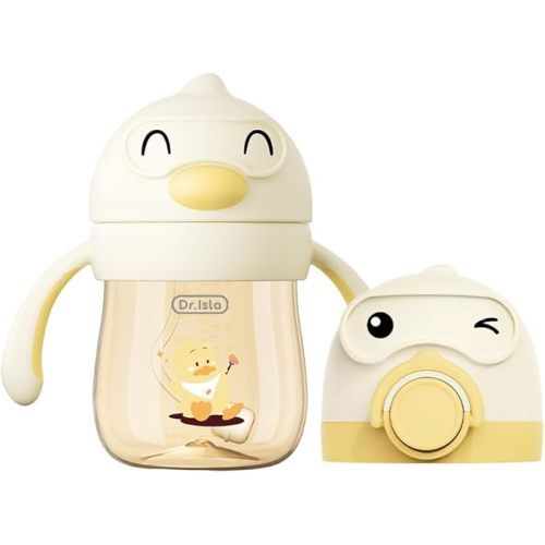 Dr.isla PPSU Weighted Straw Training Cup for 6-12 Months Babies, Spill Proof Transition Sippy Cup for Bottle Weaning, Dual Lids 8oz,Yellow