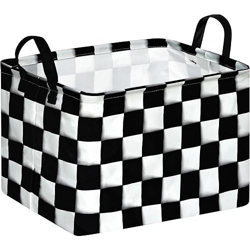 KUNRO Rectang Checkered Flag Storage Basket Gift Shelf Basket Storage Bin, Nursery Basket Organizer Box for With Handles for Room Deco