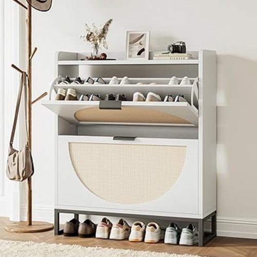 Shoe Storage Cabinet for Entryway Wooden Rattan Large Shoes Cabinet with Hidden 2 Flip Drawers Shoe Organizer Narrow Shoe Storage Rack for Entryway,Hallway White