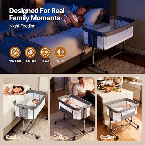 Baby Bassinet, 2 in 1 Bassinet Bedside Sleeper with Wheels, Stable and Secure Bedside Bassinets for Newborn Infant, 5 Height Adjustable Baby Crib, Breathable Full Mesh & Mattress