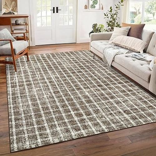 5x7 Area Rugs Non-Slip Washable Low-Pile - Checkered Braided Geometric Print for Living Room Bedroom Nursery Kitchen Dining Indoor Use Khaki Brown
