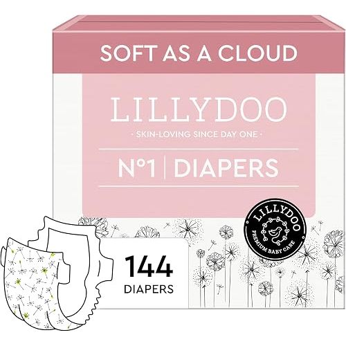 LILLYDOO Baby Diapers, Size 1 (4+ lbs), 144 Count, Hypoallergenic & TCF