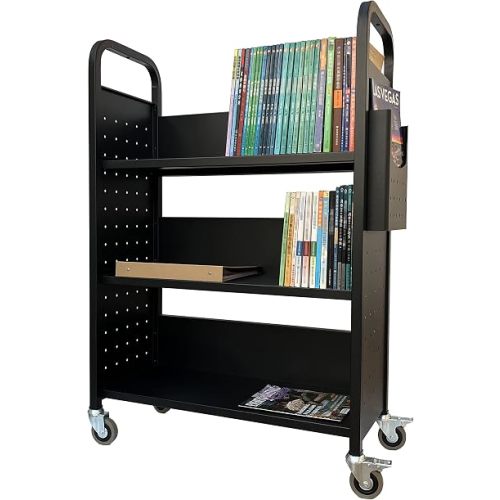 Workington Rolling Book Truck Book Cart with 3 Flat Shelves, Library Book Cart with Swivel Lockable Casters 3001 Black