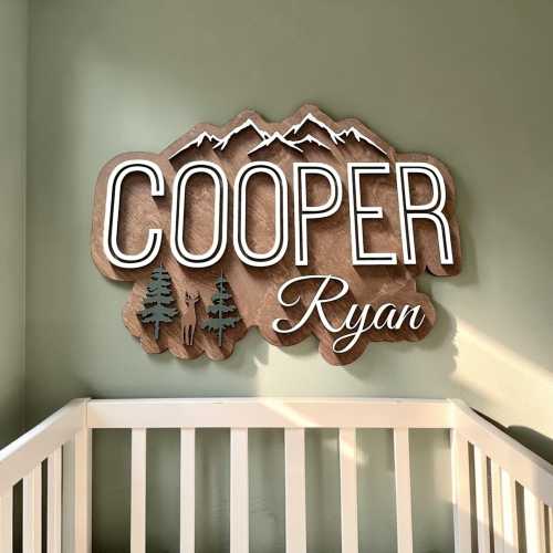 Custom Name Sign, Wooden Name Sign, Mountain Nursery Art, Forest Deer Wall Art, Personalised Kids Room Sign, Rustic Woodland Gift