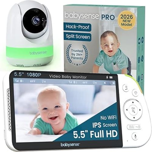 Babysense PRO Full HD 5.5" Split Screen Baby Monitor with Camera and Audio, 6-Color Night Light, White Noise, Sound & Light Machine, 20-Hour Battery, Hack-Proof Non-WiFi Secure Connection